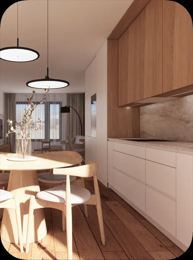 Byt 3kk – kuchyně s jídelním stolem